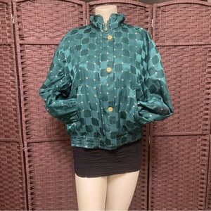 Vintage Mureli silk bomber jacket in green with gold details.
